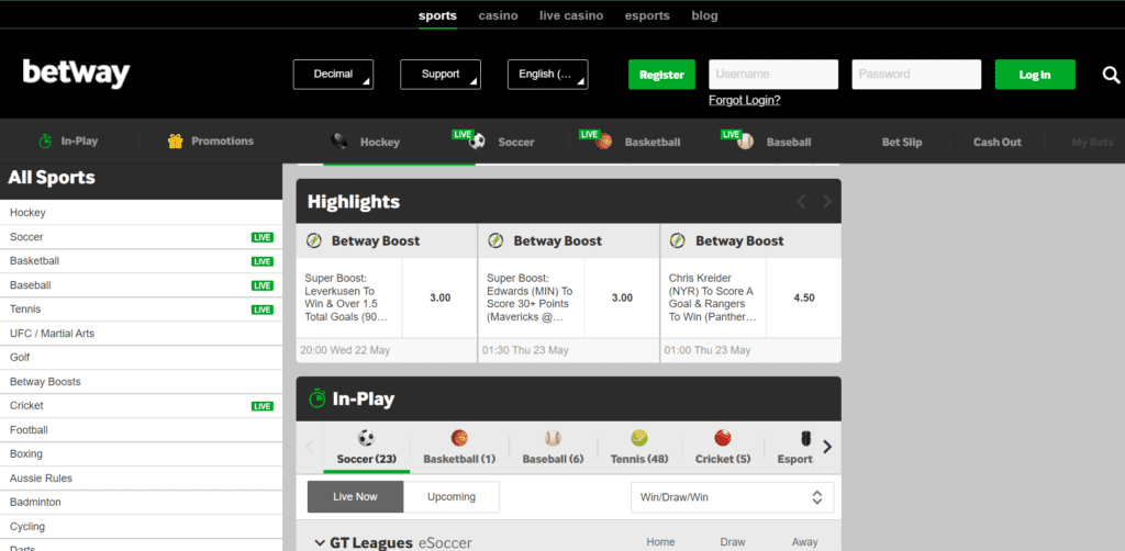 Betway website homepage