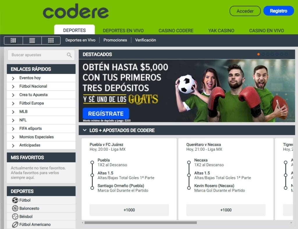 Hasta 30 deportes diferentes para apostar en Codere, desde fútbol hasta baloncesto y mucho más. 