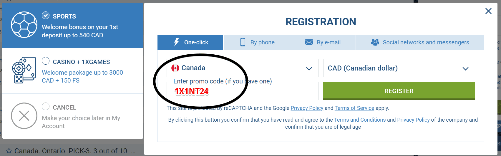 1xBet Canada registration page