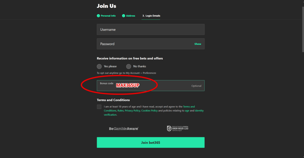 bet365 bonus code registration page